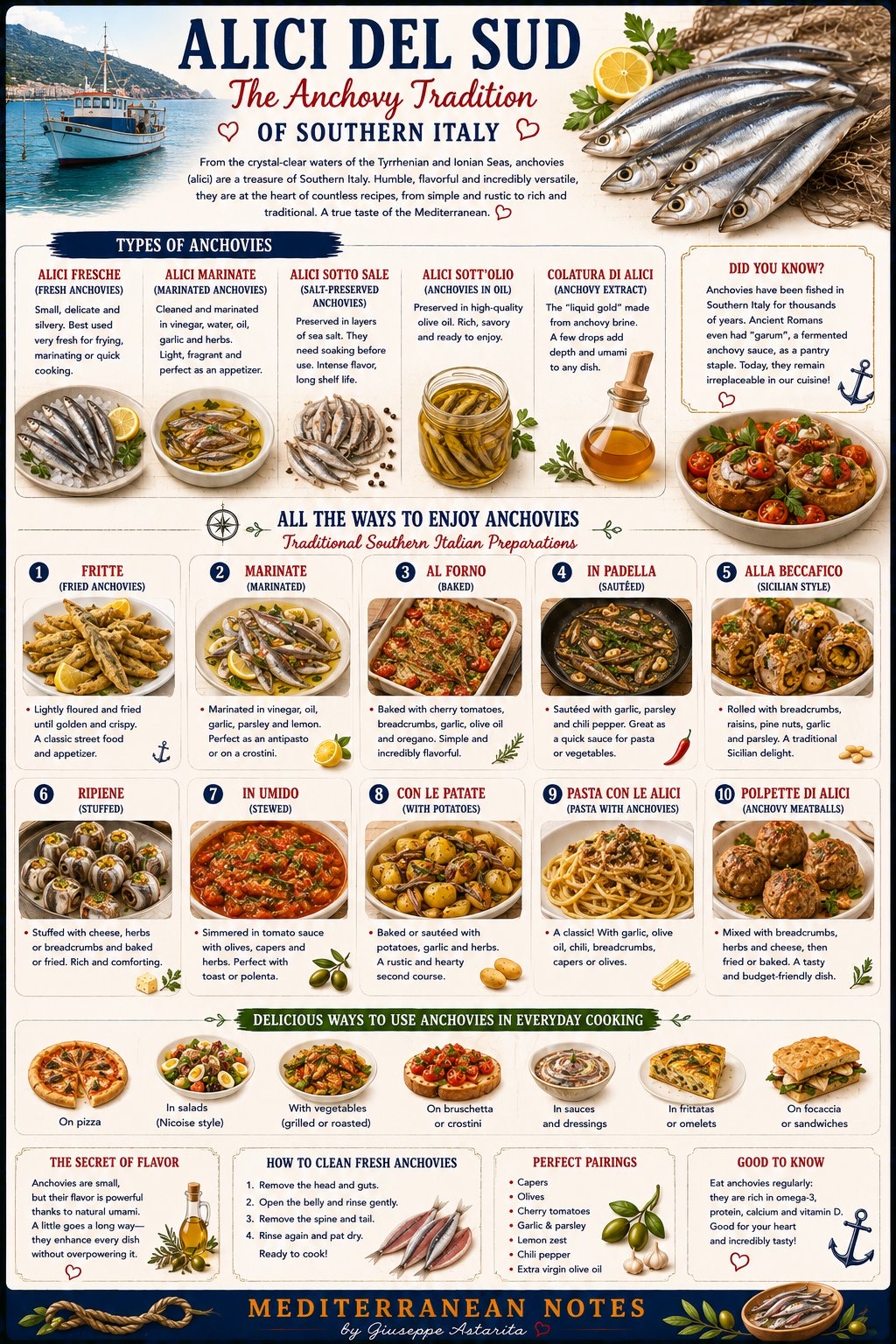 Alici del Sud — anchovy types and preparations infographic
