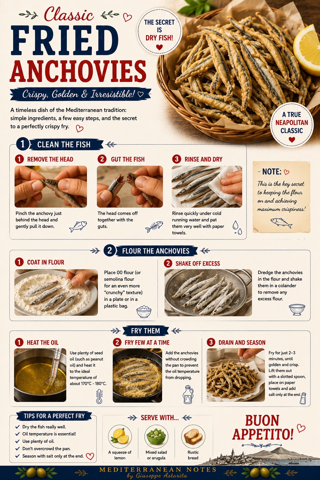 Alici fritte — fried fresh anchovies, step-by-step infographic, Mediterranean Notes by Giuseppe Astarita