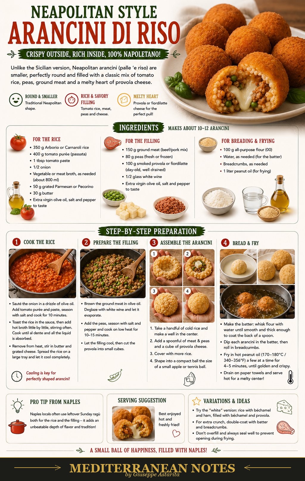 Arancini di riso infographic — ingredients, step-by-step preparation, and tips