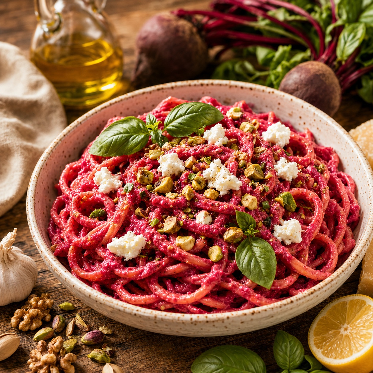 Beet pesto pasta — vivid magenta spaghetti with pistachios, goat cheese crumbles and basil in a ceramic bowl