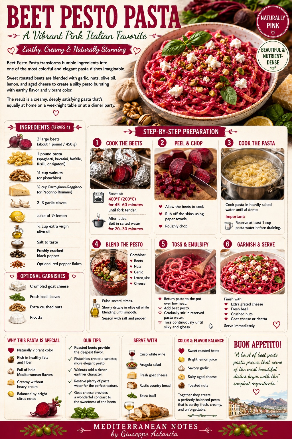 Beet Pesto Pasta — infographic, Mediterranean Notes by Giuseppe Astarita