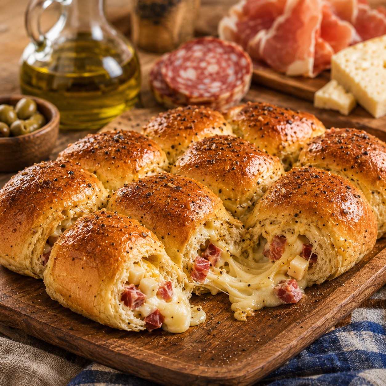 Brioche salata napoletana — pull-apart enriched bread with salami and melted provolone