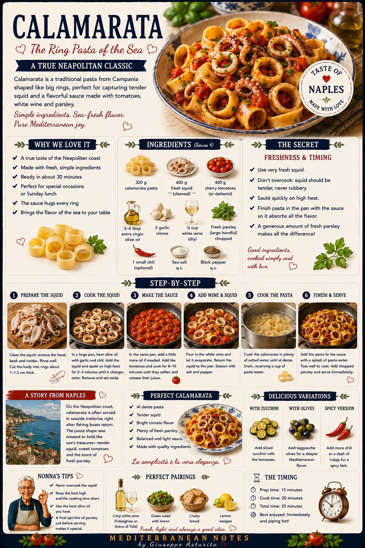 Calamarata — ring pasta with squid alla napoletana, infographic by Giuseppe Astarita