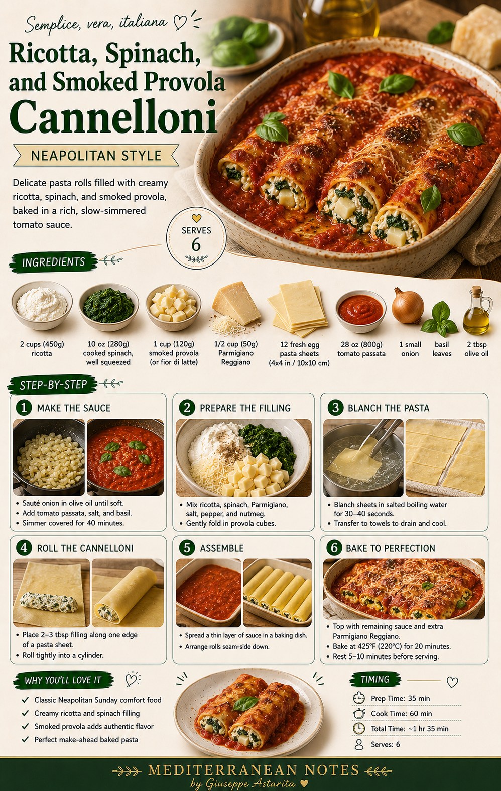 Cannelloni di ricotta e spinaci alla napoletana — ingredients and step-by-step infographic, Mediterranean Notes by Giuseppe Astarita