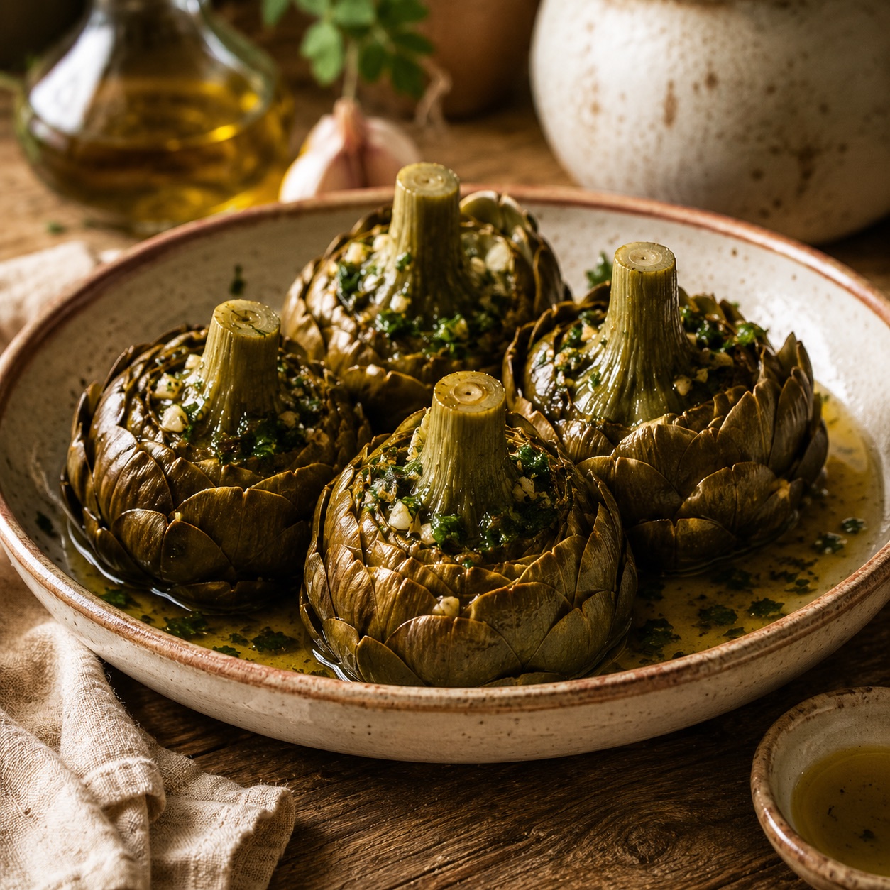 Carciofi alla romana in a braising pot — whole artichokes upside-down, tender and deep green