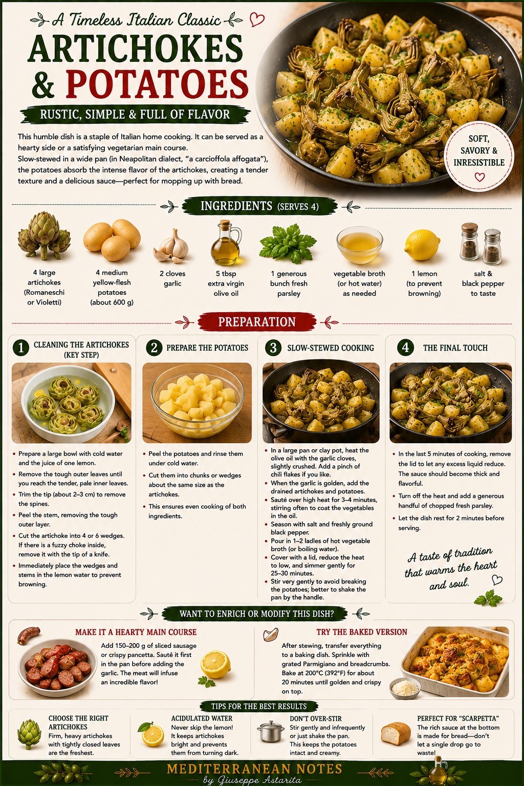 Carciofi e patate infographic — cleaning artichokes, preparation, and slow stewing