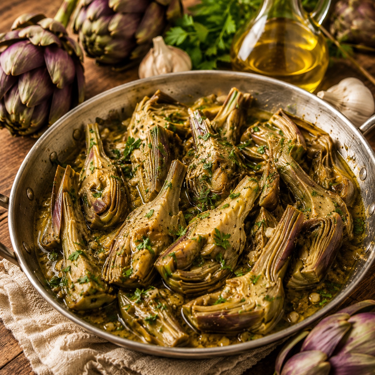 Carciofi stufati alla napoletana in a pan — violet artichokes braised with garlic and parsley in olive oil