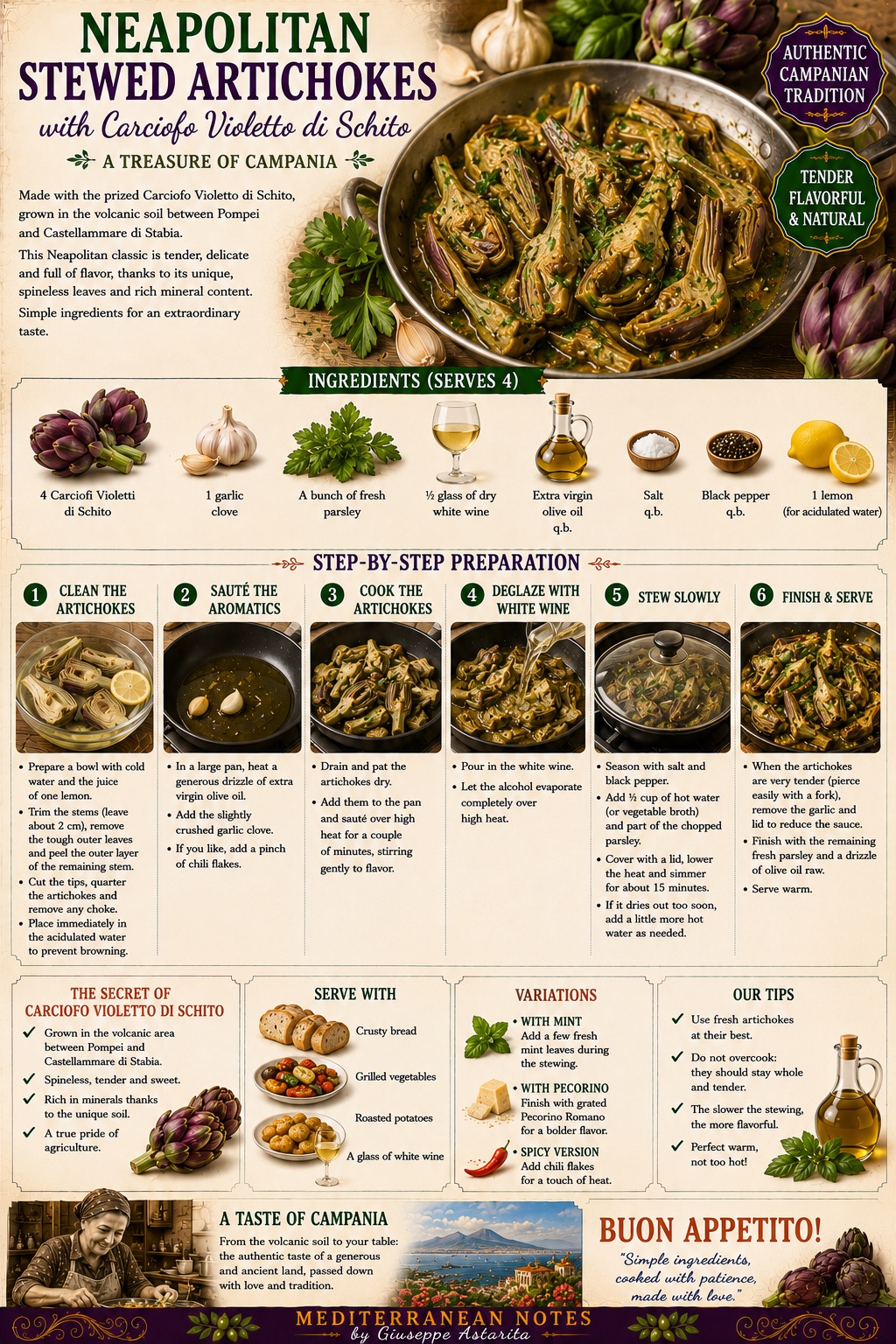 Carciofi Stufati alla Napoletana — step by step infographic, Mediterranean Notes by Giuseppe Astarita