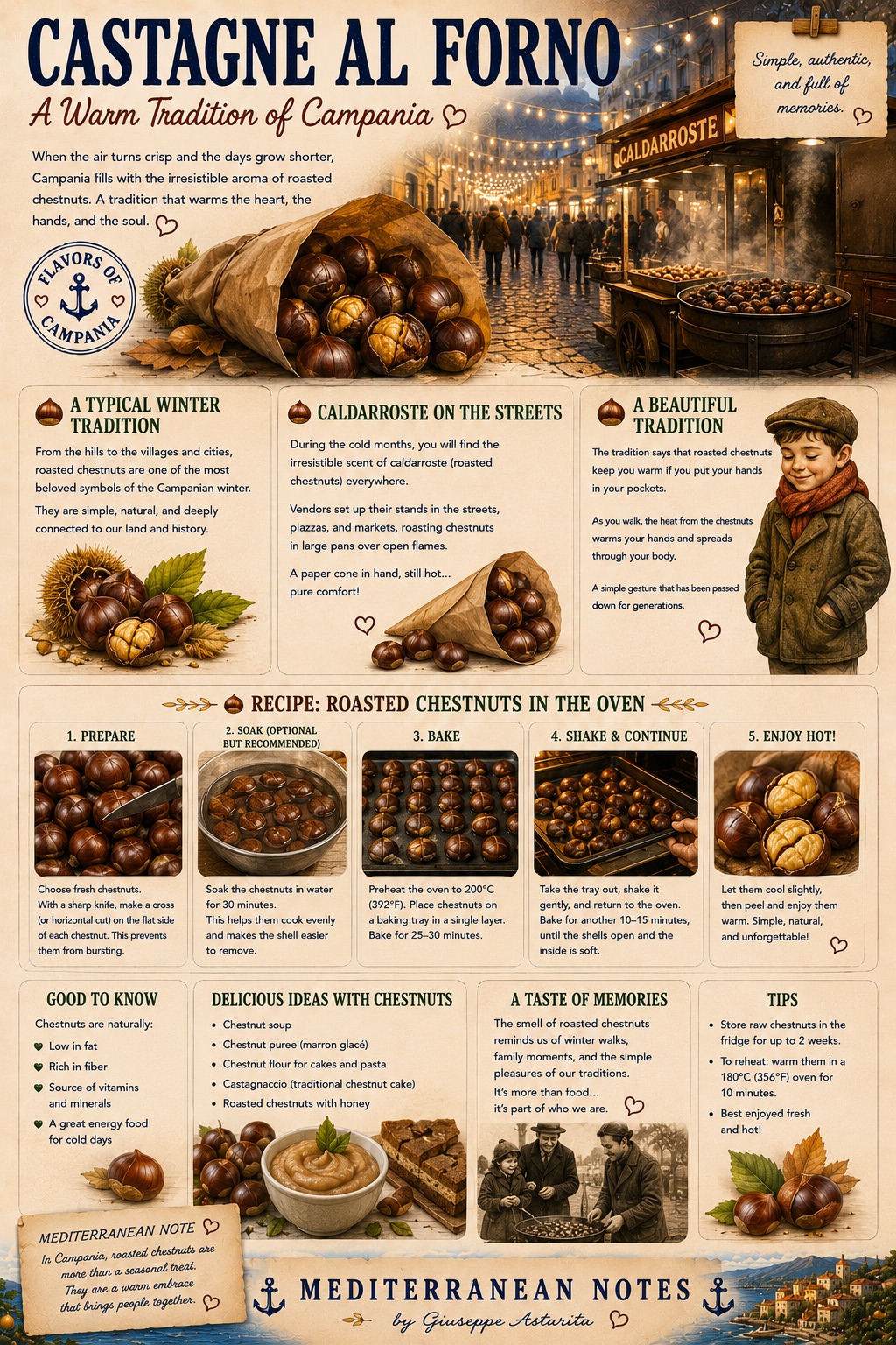 Castagne al forno -- score the cross, soak if possible, 200C, eat hot