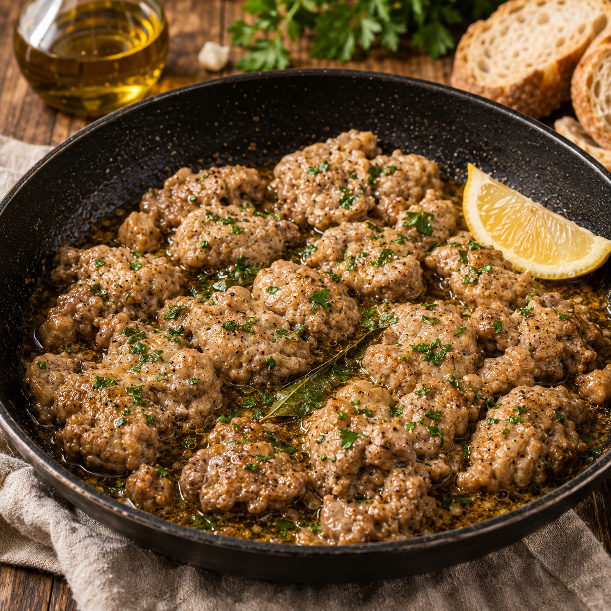 Cervella in padella — breaded pan-fried brains golden in a skillet with lemon and parsley