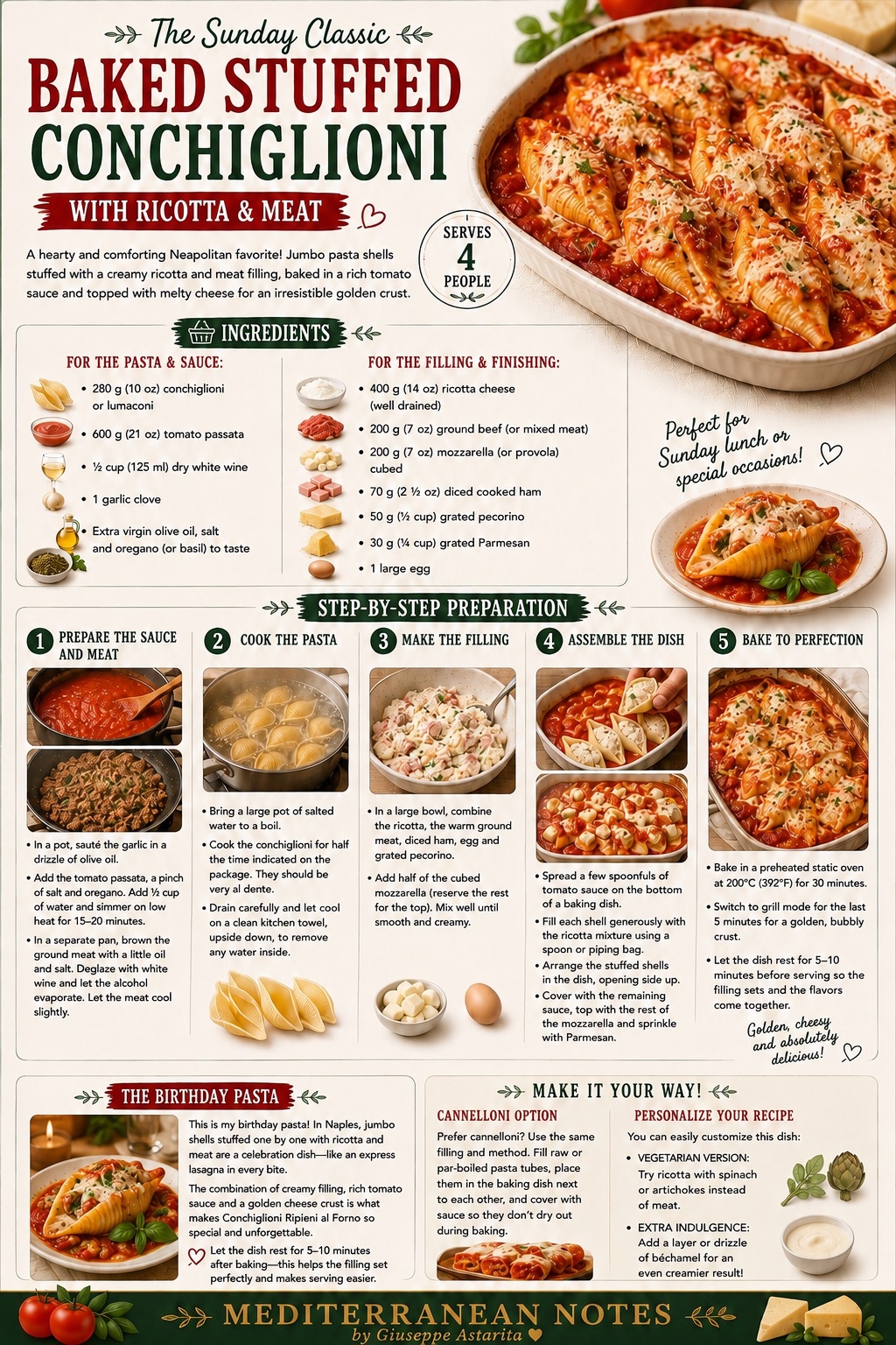 Baked Stuffed Conchiglioni with Ricotta and Meat — step-by-step infographic