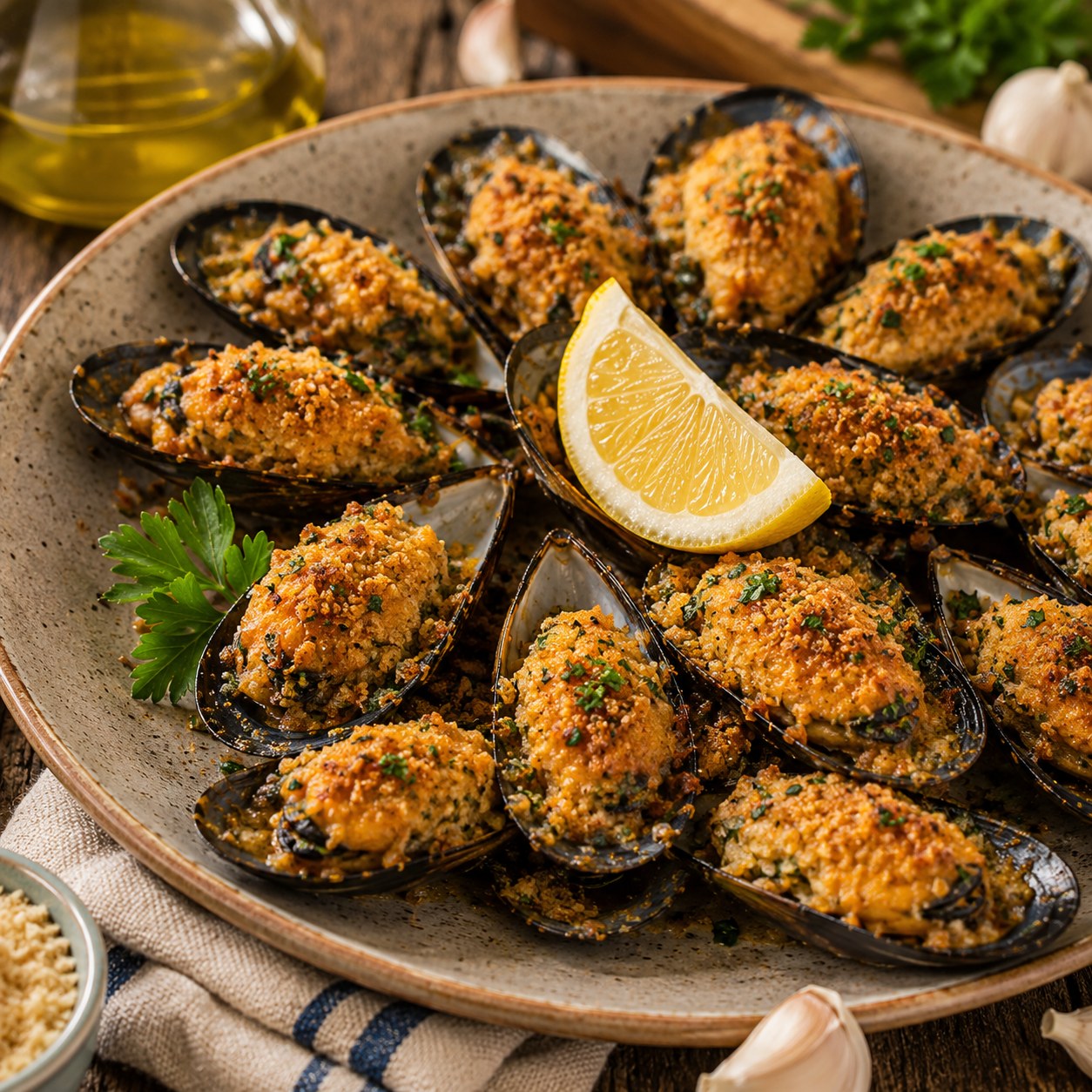 Cozze gratinate — baked mussels on the half shell, golden breadcrumb topping, lemon wedge