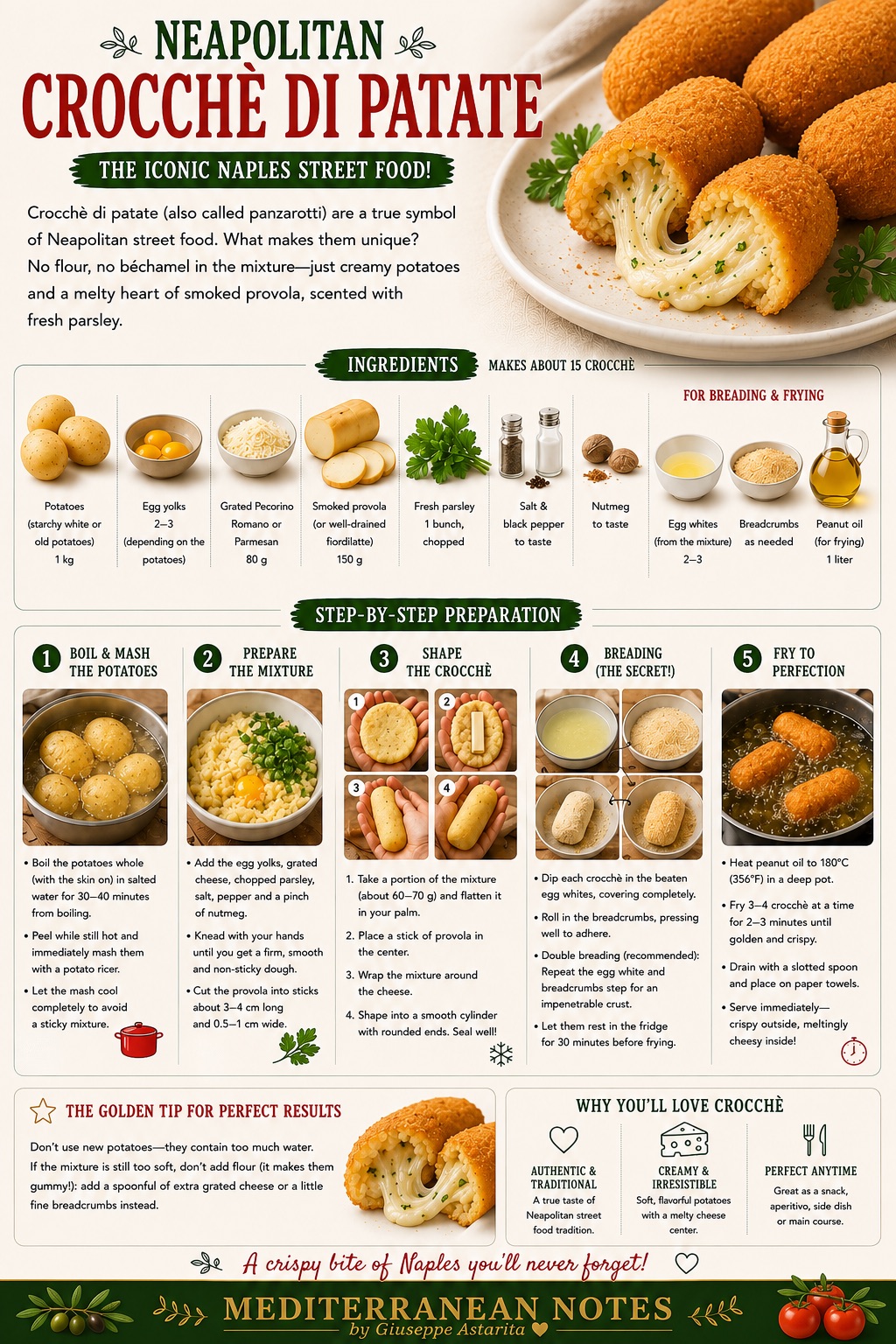 Crocchè di patate infographic — ingredients, step-by-step preparation, and tips