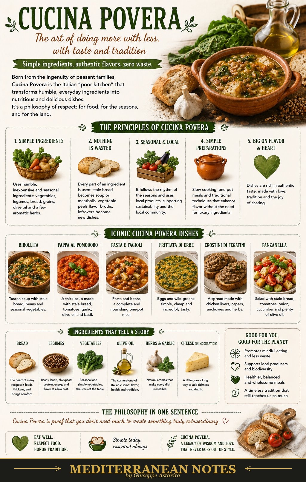 Cucina povera infographic — principles, iconic dishes, and philosophy