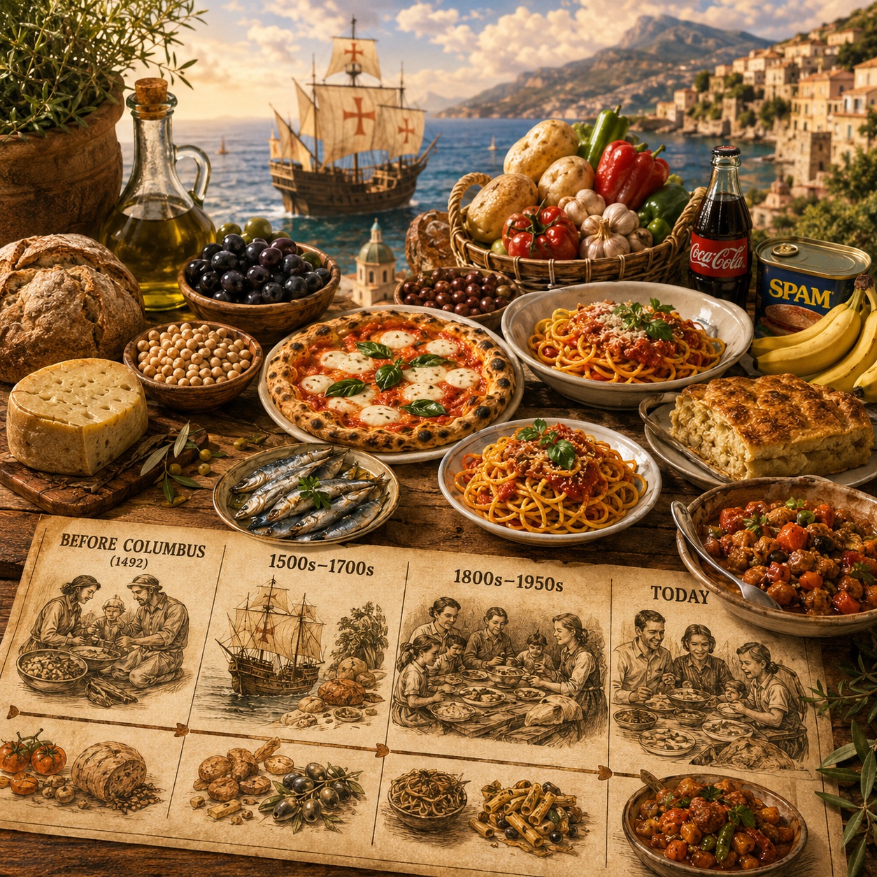 From Columbus to Bananas — five hundred years of Southern Italian food history on one table: pizza, pasta, tomatoes, SPAM and bananas