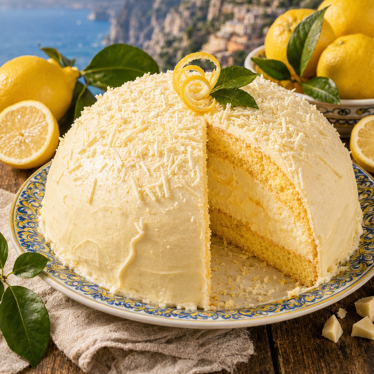 Delizia al limone — white lemon dome cake cut open showing sponge layers and lemon cream, lemons and the Amalfi coast behind