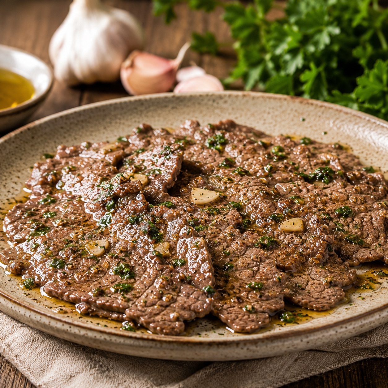Fetta di carne in padella — thin pan-seared beef slices with garlic and parsley on a ceramic plate