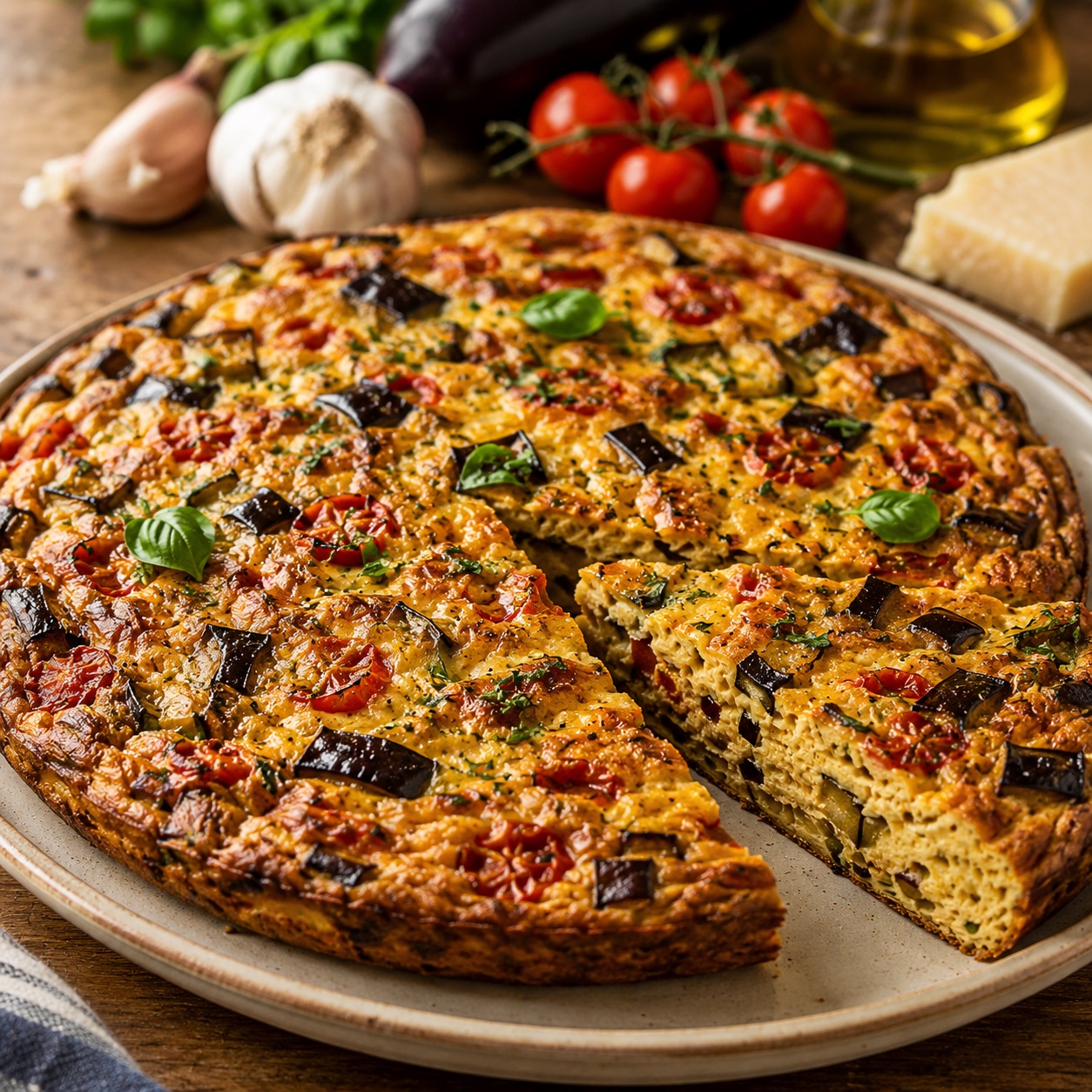 Frittata di melanzane napoletana on a plate, golden and crispy outside with eggplant and basil visible