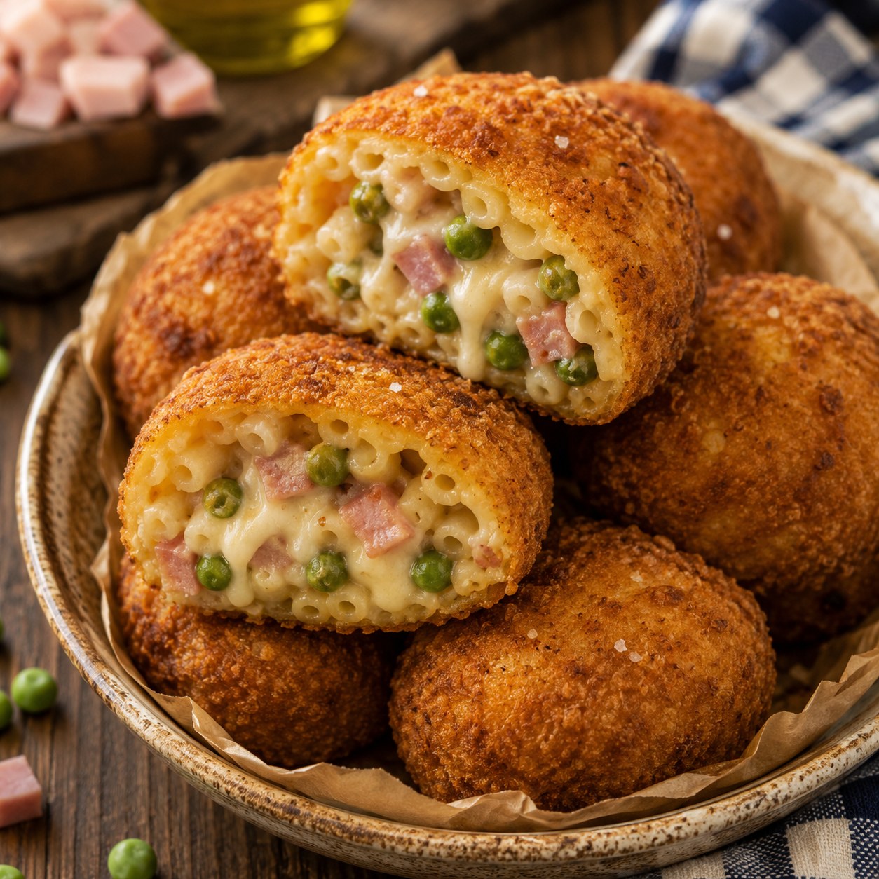 Frittatine di pasta — Neapolitan fried pasta croquettes, golden and crispy, with creamy filling of peas, ham and provola