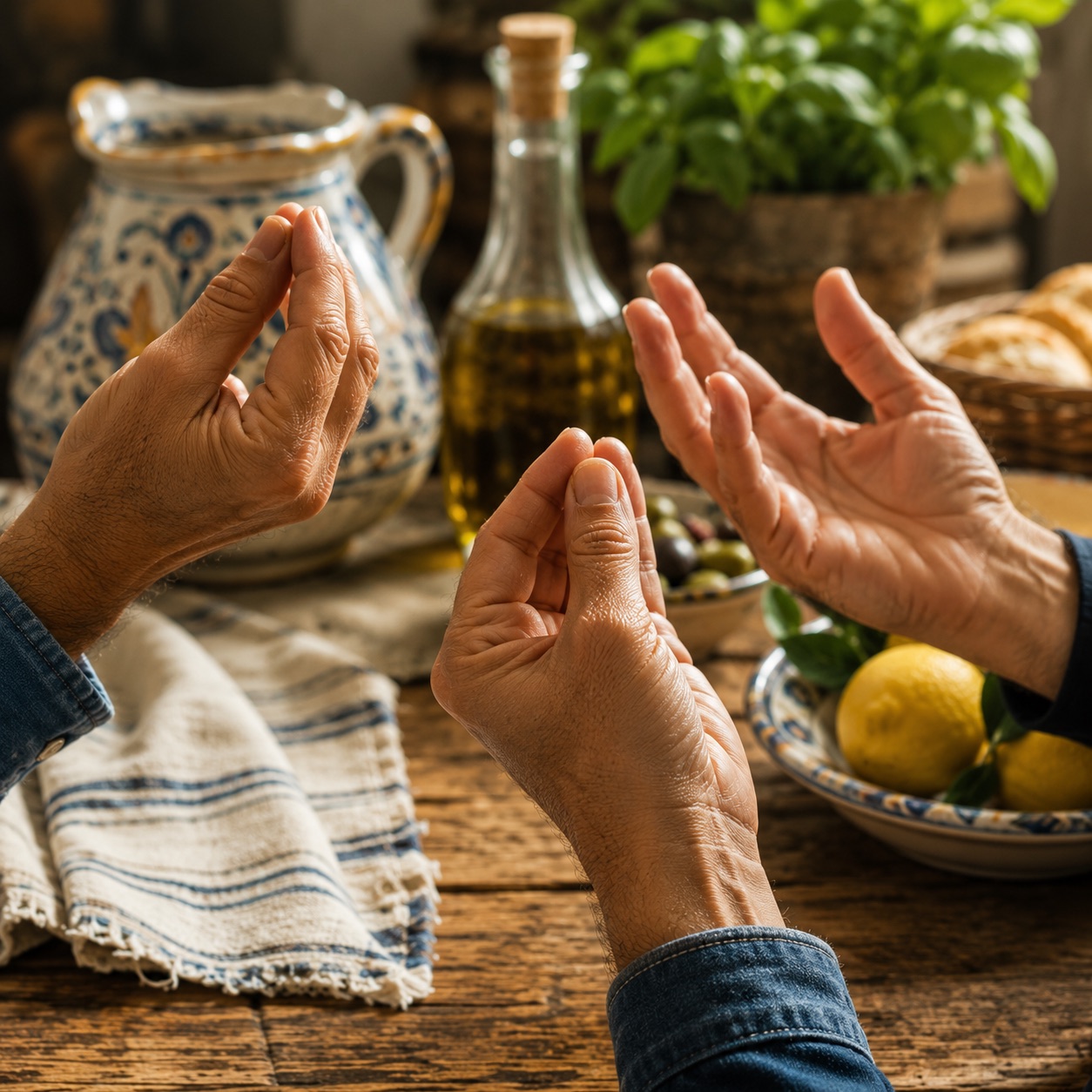 Italian food hand gestures — two hands making the classic Neapolitan pinch gesture over a table with olive oil, lemons and bread