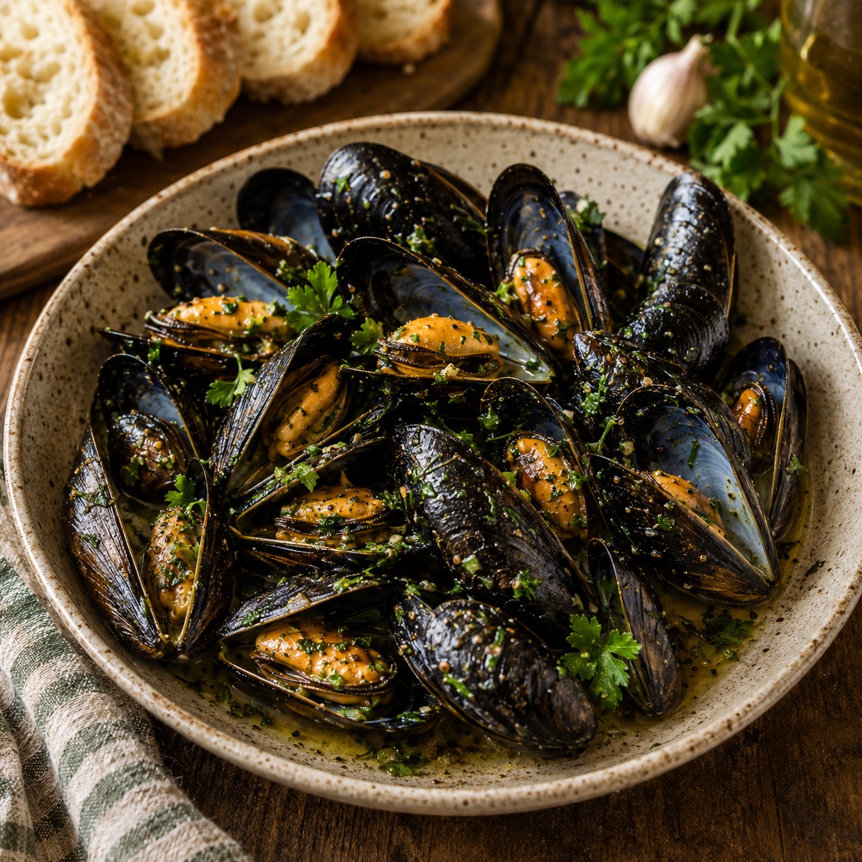 Bowl of impepata di cozze, open mussels in their broth with parsley and black pepper, crusty bread on the side