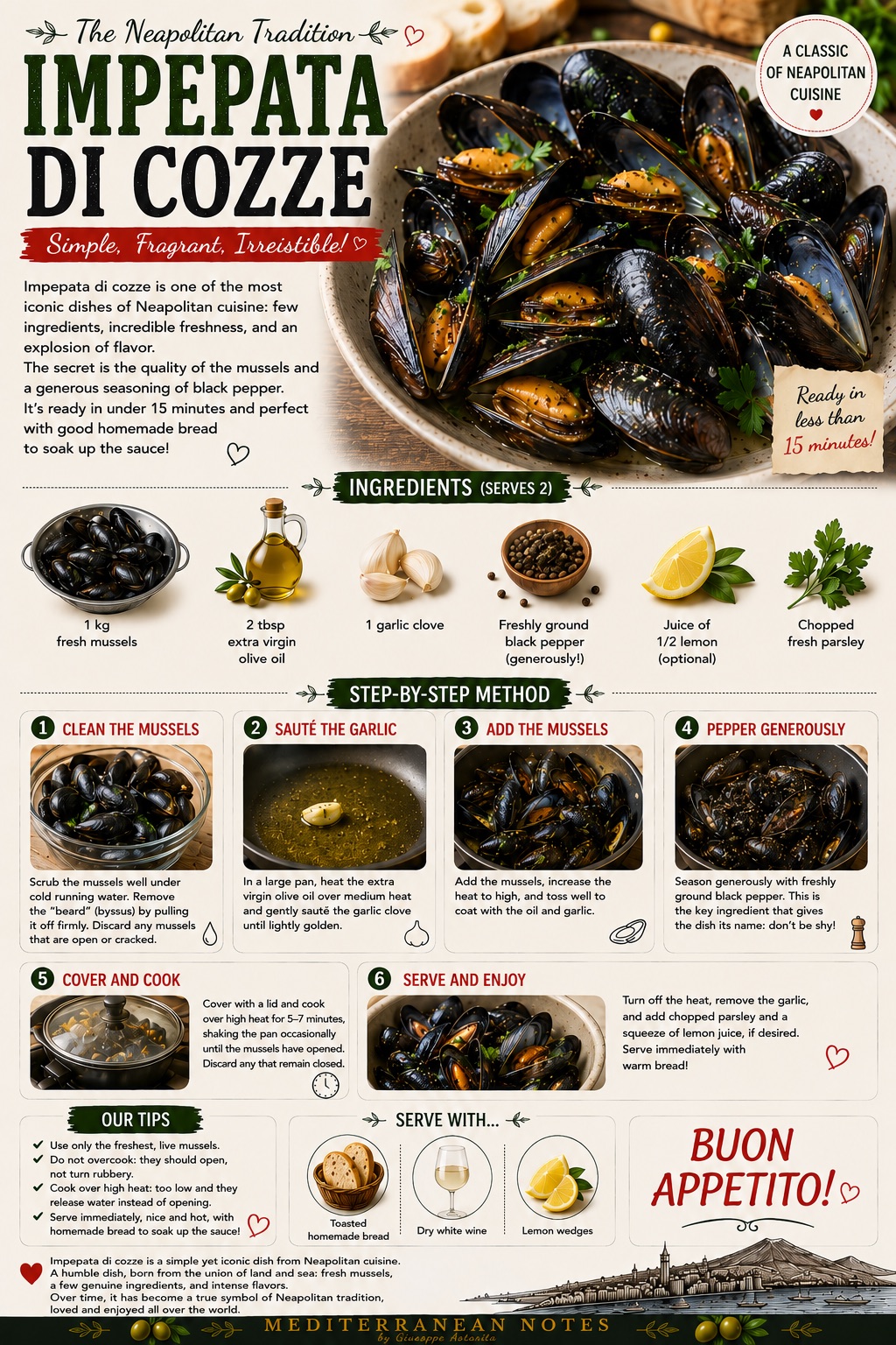 Impepata di cozze — step by step infographic, Mediterranean Notes by Giuseppe Astarita
