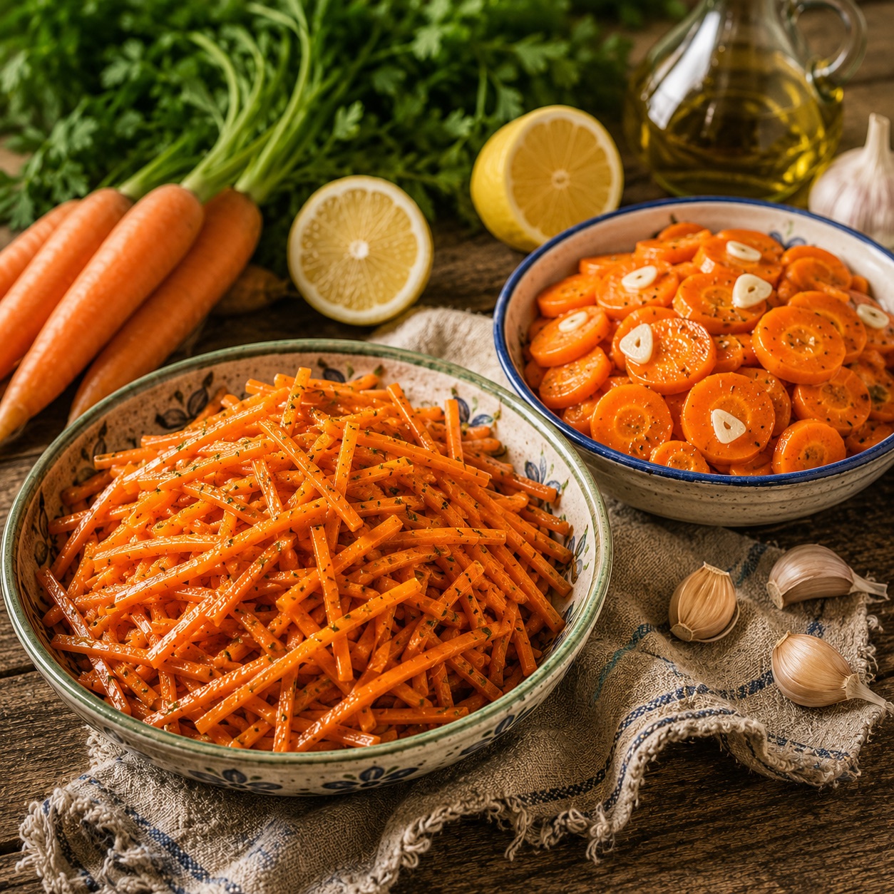 Insalata di carote — two bowls of Italian carrot salad, raw julienne and boiled marinated rounds, with lemon, garlic and olive oil