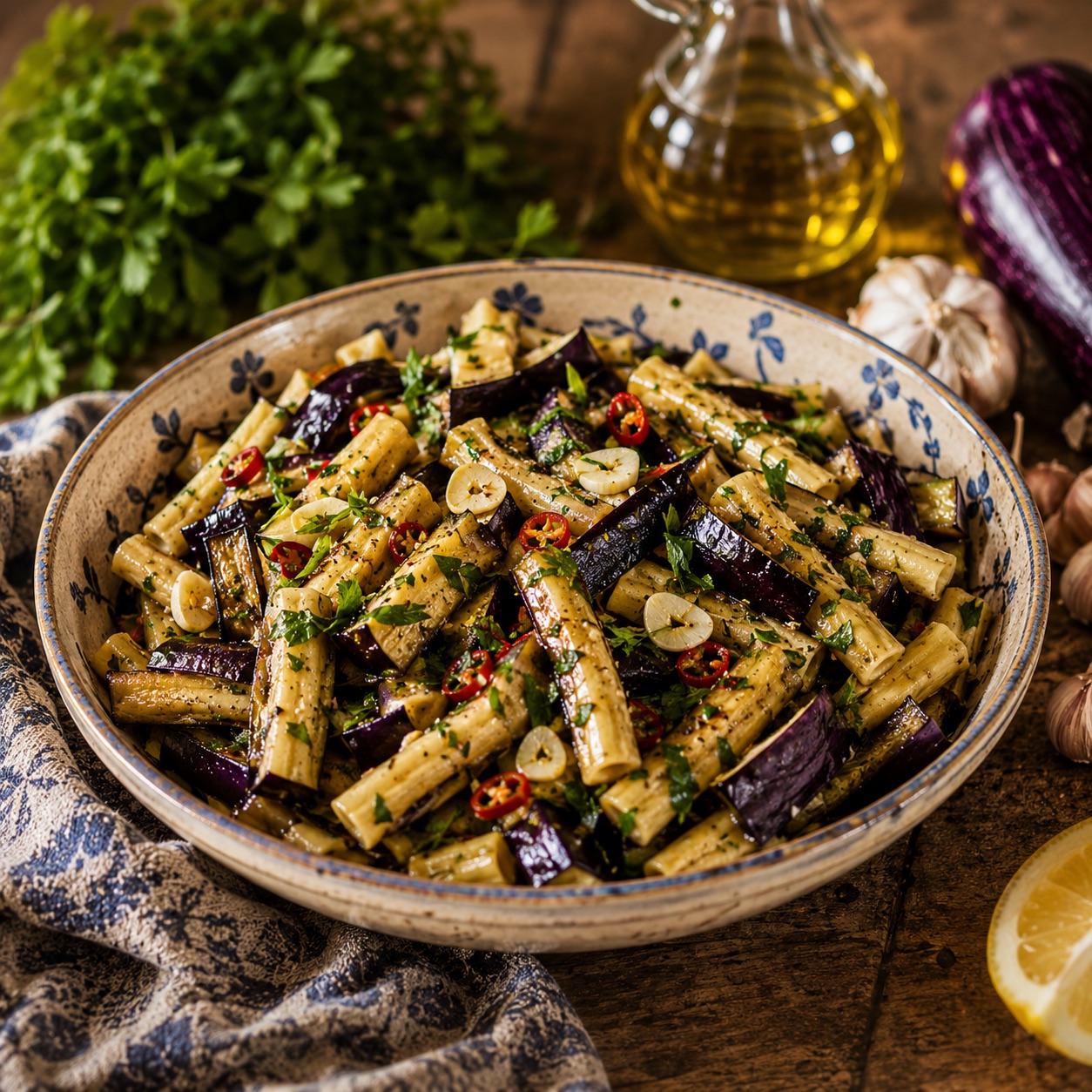 Insalata di melanzane alla napoletana — boiled eggplant salad with garlic, parsley, chili and olive oil in a blue-rimmed bowl