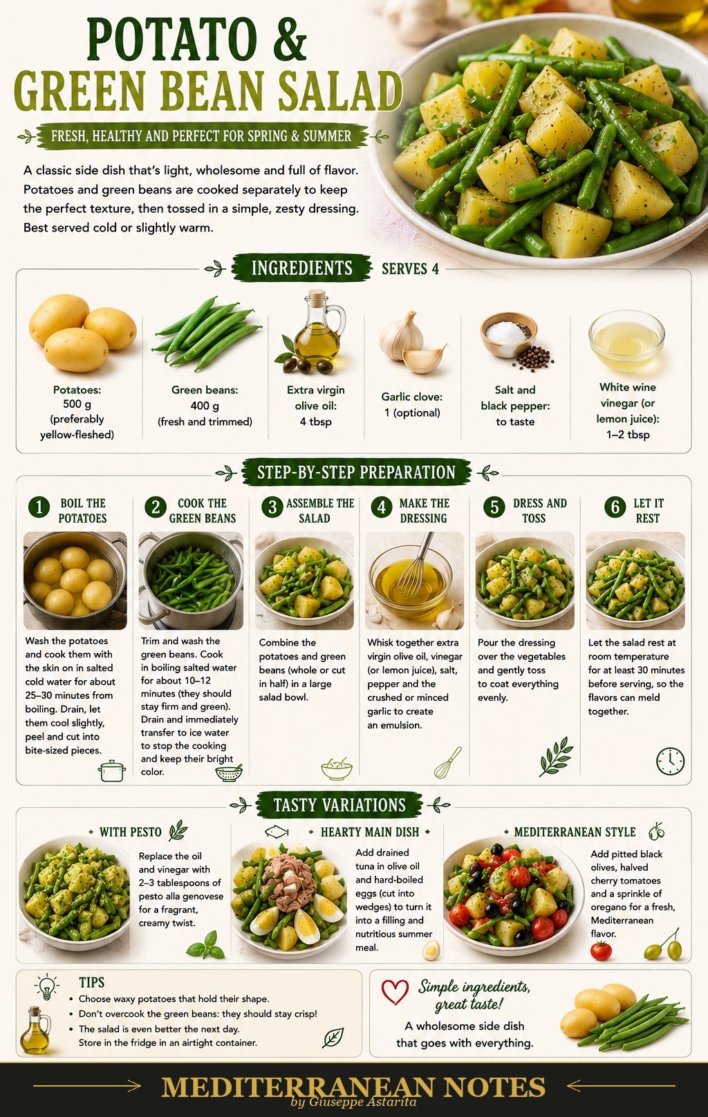 Potato and green bean salad infographic — ingredients, preparation, and variations