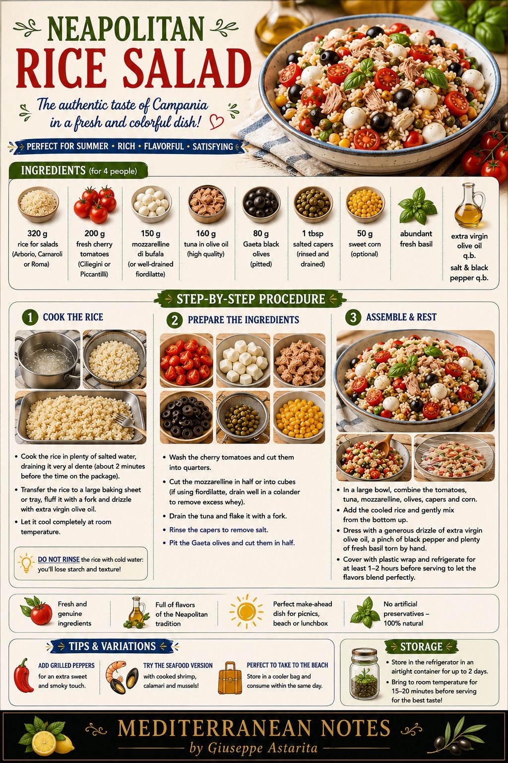 Neapolitan rice salad infographic — ingredients, procedure, and tips