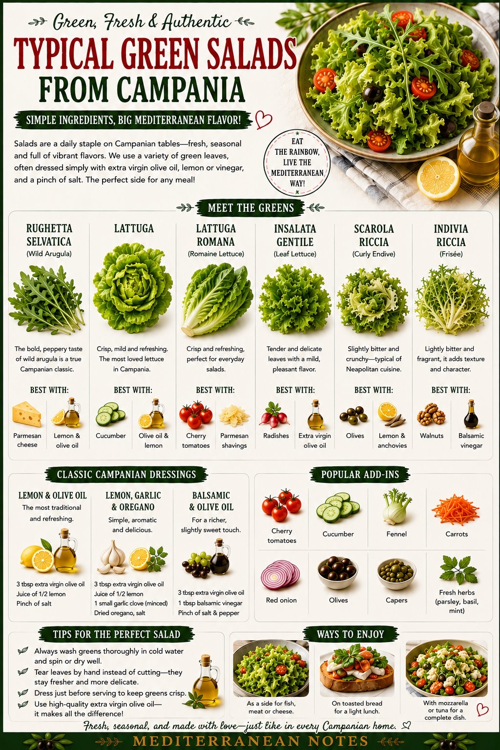 Typical Green Salads from Campania — the five greens, three dressings infographic