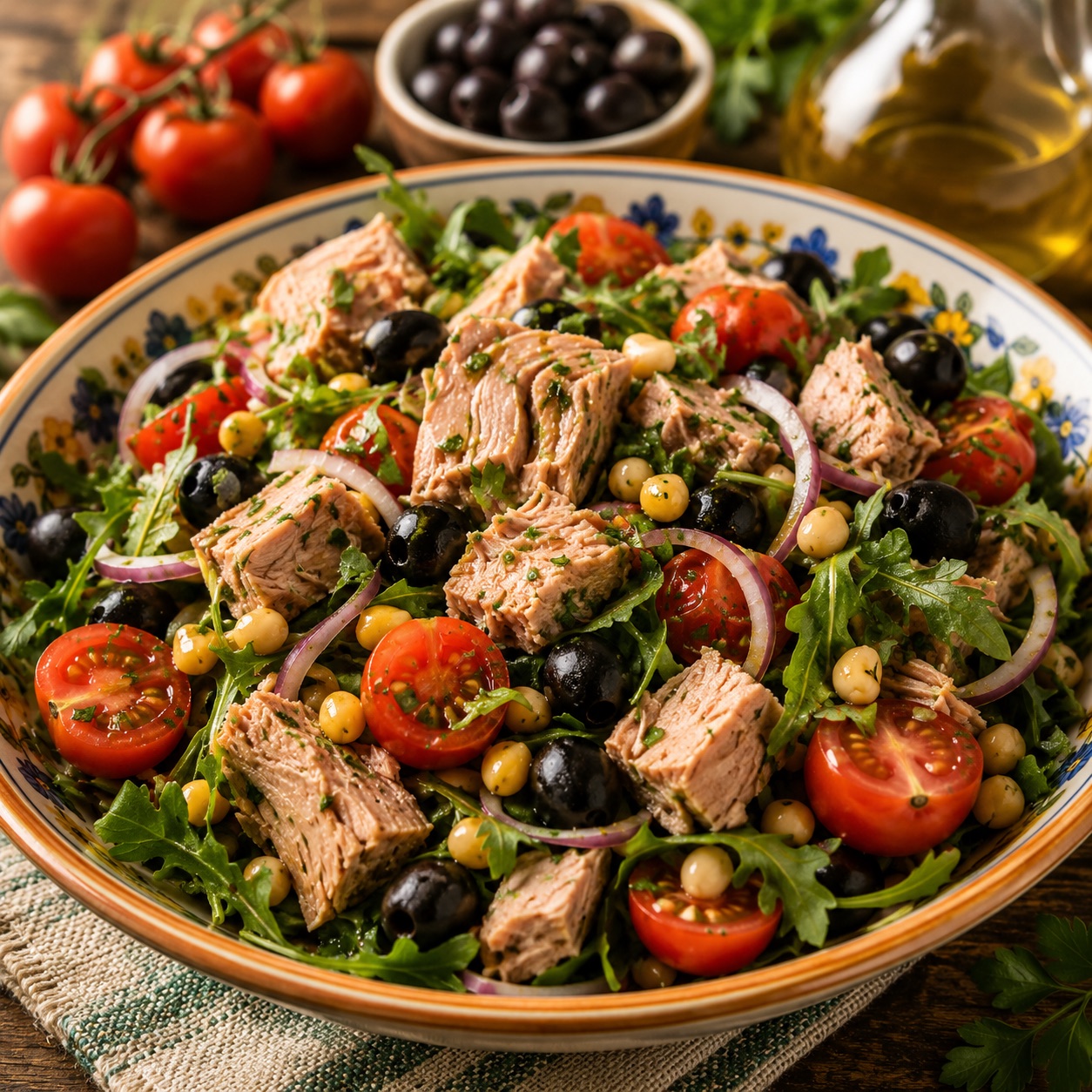 Insalatona di tonno alla napoletana in a large ceramic bowl with tomatoes, olives, and rocket