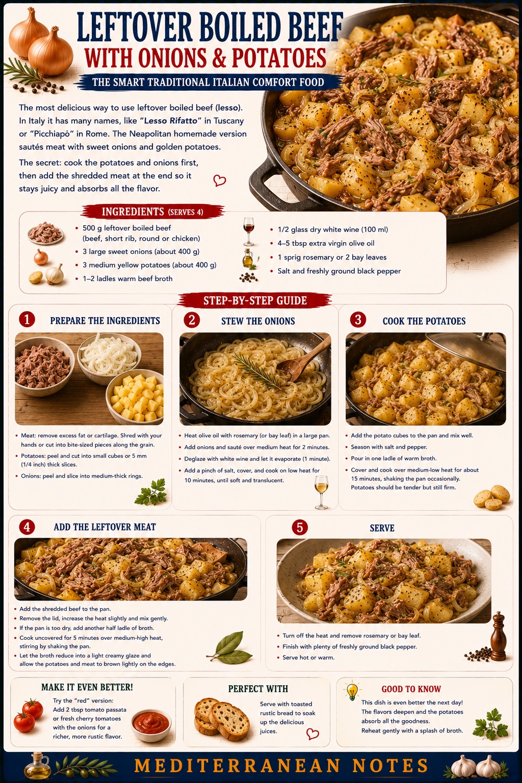 Lesso Rifatto — leftover boiled beef with onions and potatoes infographic