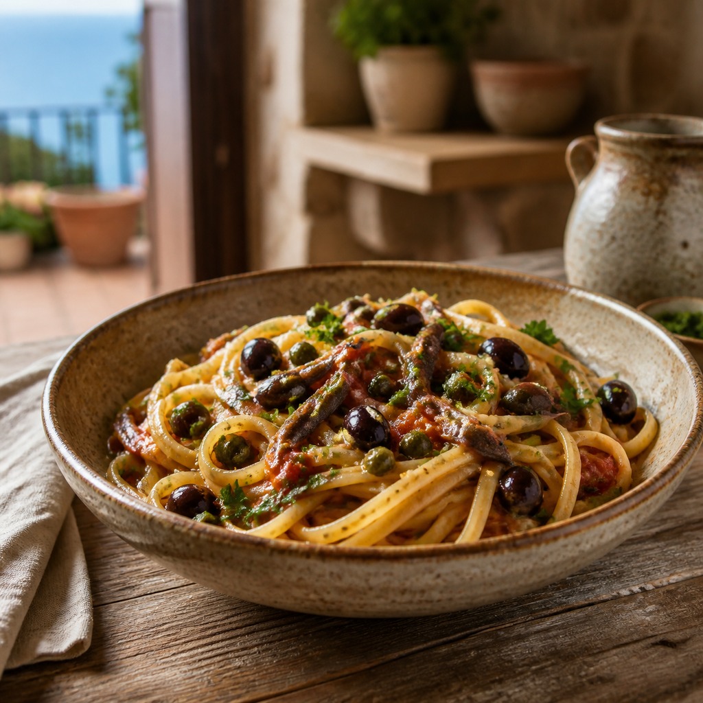 Linguine capperi, olive e acciughe
