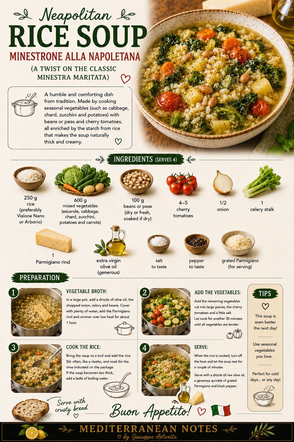 Neapolitan rice soup minestrone infographic — ingredients and step-by-step preparation