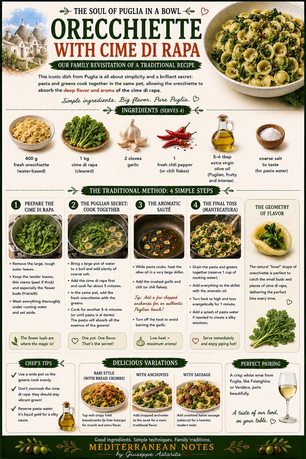Orecchiette con cime di rapa infographic — the Puglian method