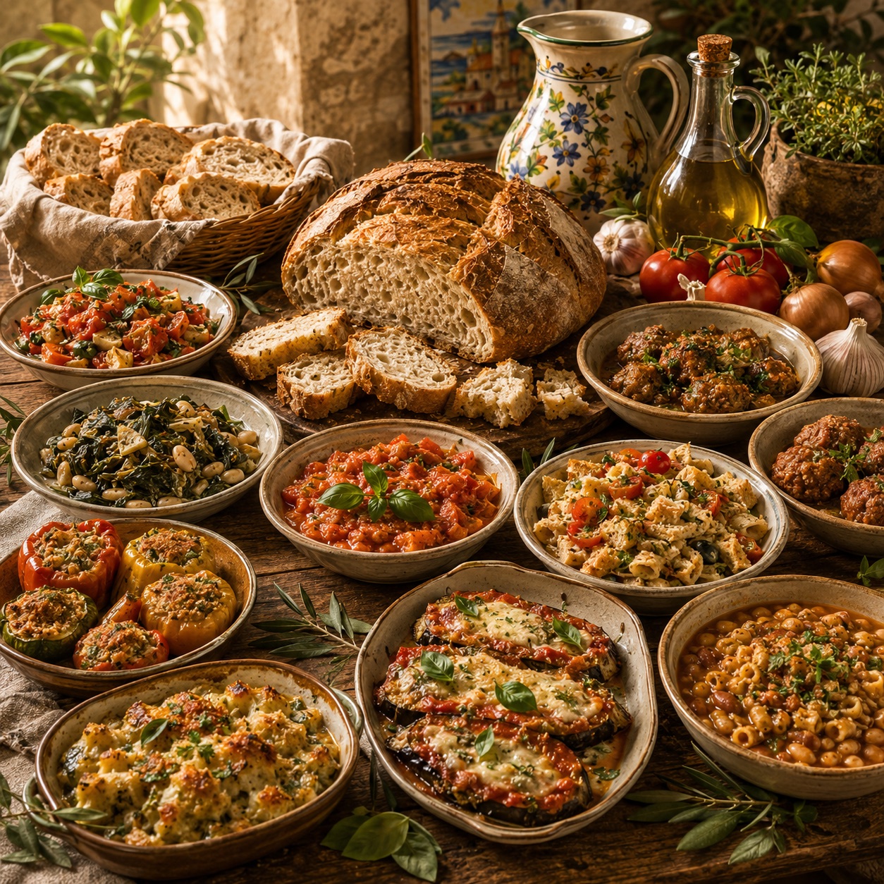 The many lives of stale bread — a table of Southern Italian dishes built on yesterday’s loaf: panzanella, parmigiana, stuffed peppers, pasta e fagioli
