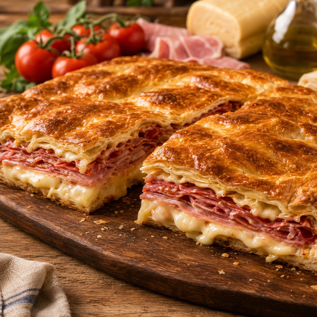 A square of parigina napoletana cut open to show the layers of ham and melted cheese between pizza dough and puff pastry