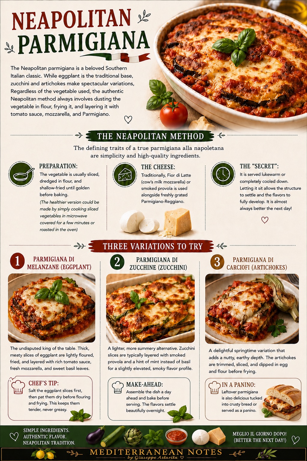 Neapolitan parmigiana di melanzane infographic — method, cheese, and three variations