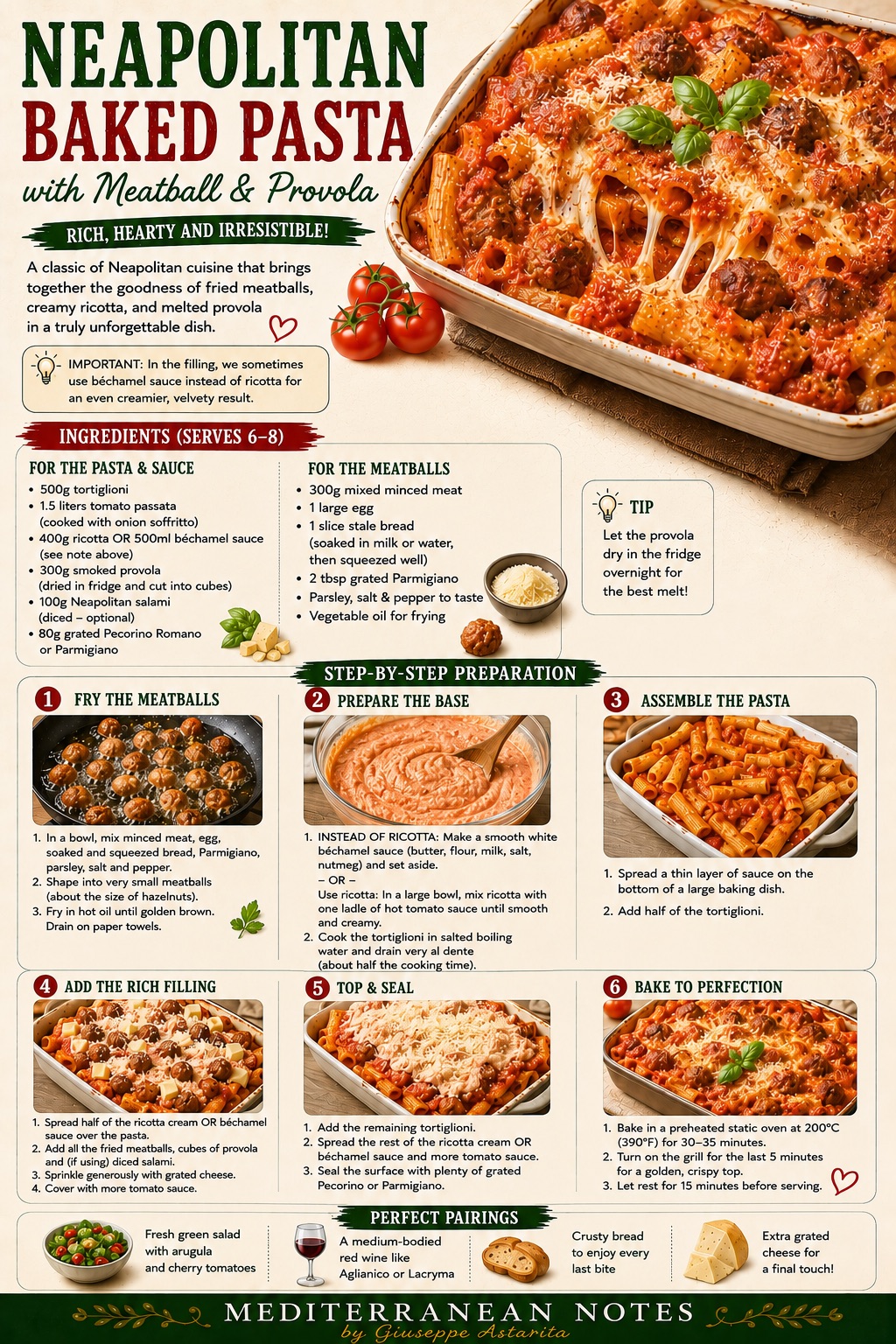 Neapolitan baked pasta with meatballs and provola infographic