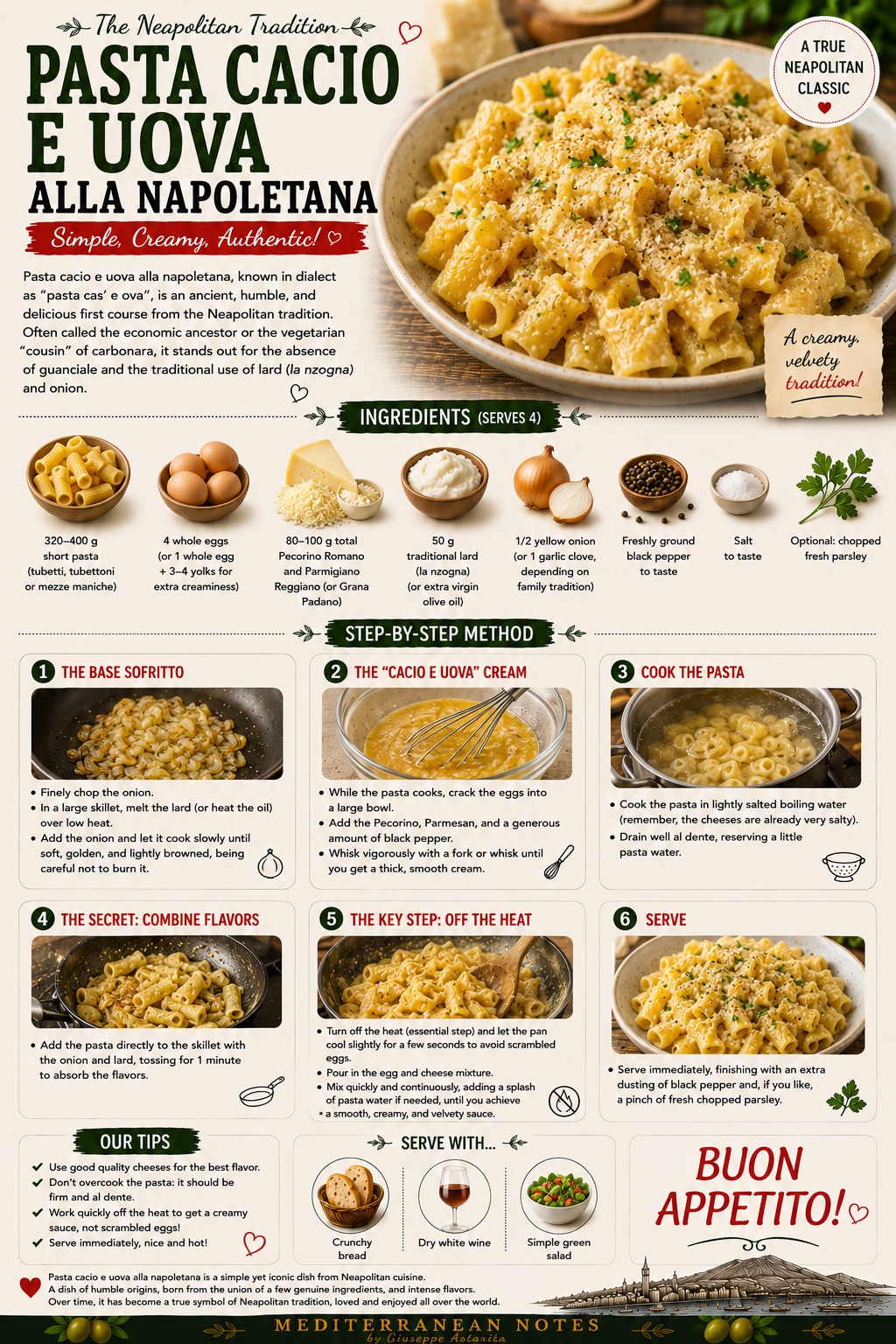 Pasta cacio e uova alla napoletana — step by step infographic with onion and lard base, Mediterranean Notes by Giuseppe Astarita