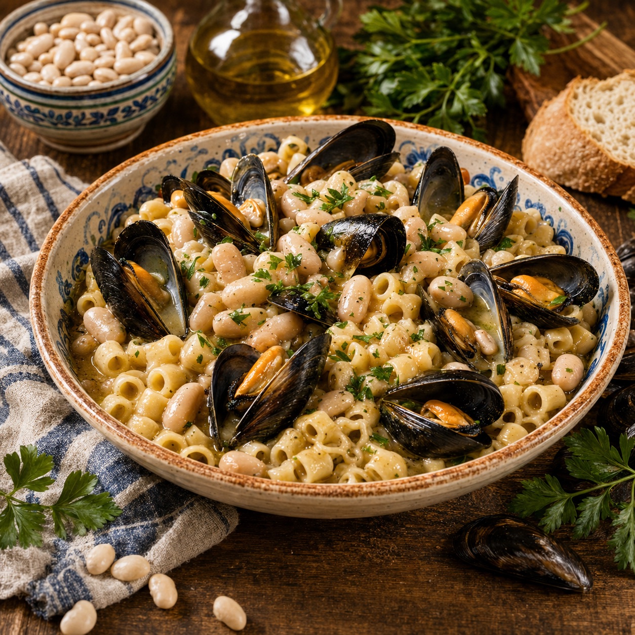 Pasta fagioli e cozze — creamy pasta mista with cannellini beans and mussels in their shells