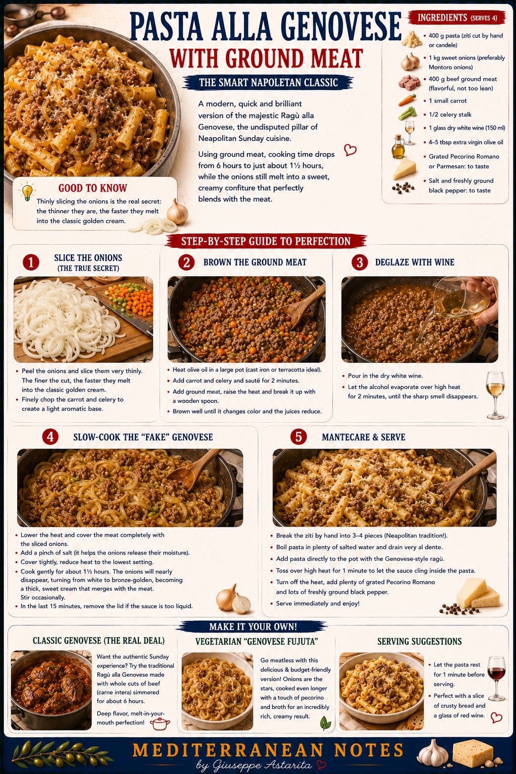 Pasta alla Genovese with ground meat — the smart Neapolitan classic