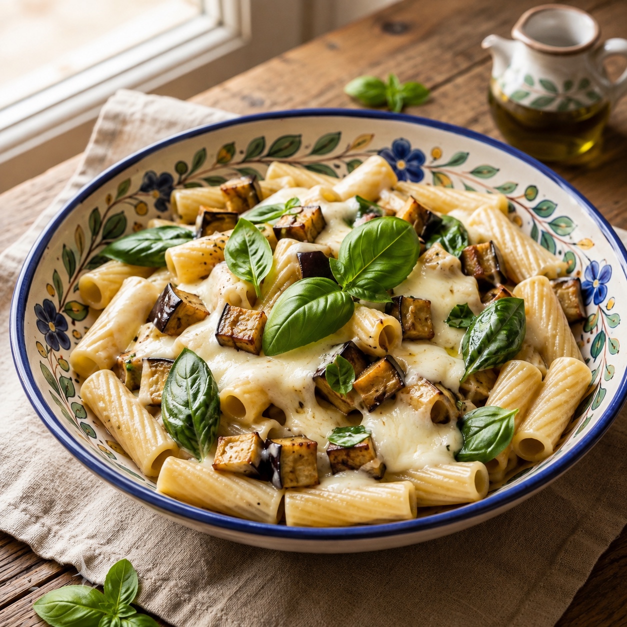 Pasta con melanzane e mozzarella in bianco