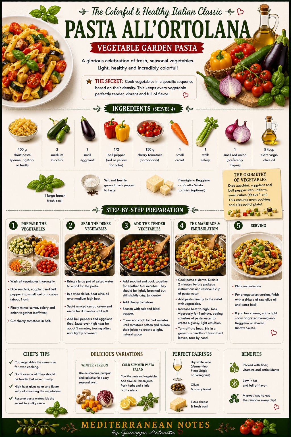 Pasta all'ortolana — vegetable garden pasta infographic