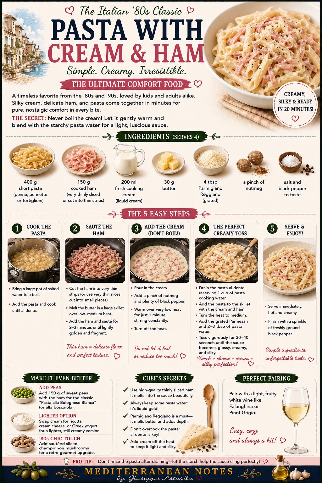 Pasta with cream and ham infographic — the Italian 80s classic