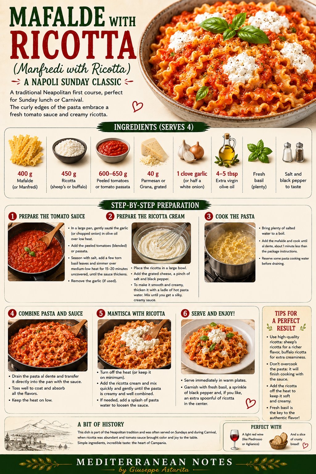 Mafalde with ricotta and tomato sauce — Napoli Sunday classic infographic