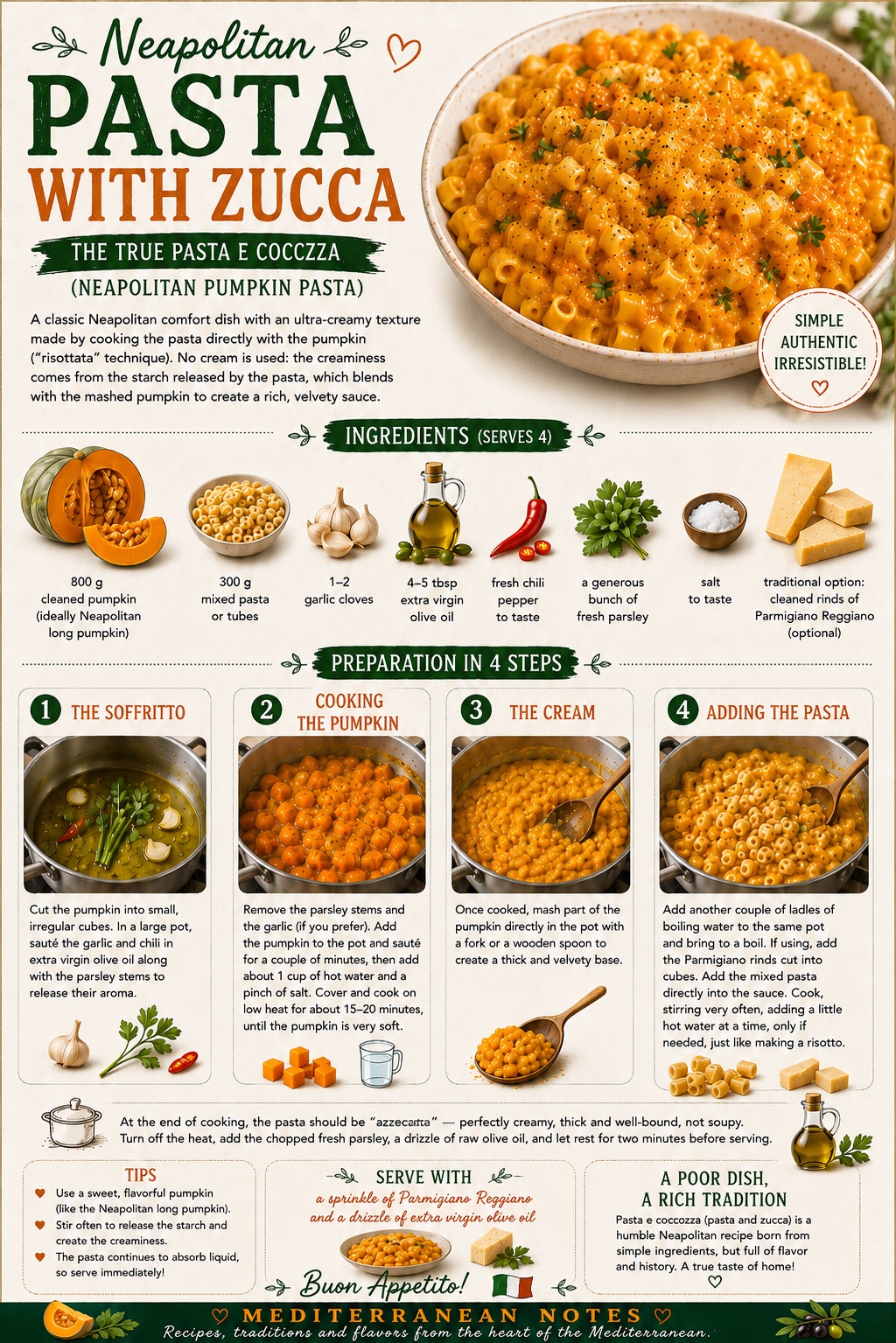 Pasta e cocozza napoletana infographic — ingredients and preparation steps