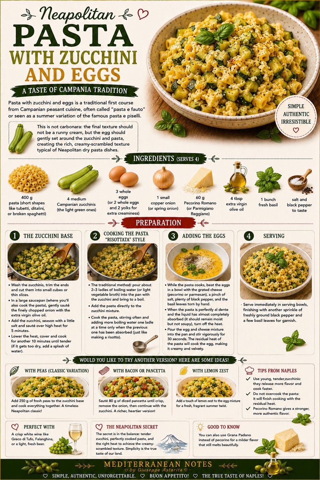 Pasta con zucchini e uova infographic — ingredients and preparation