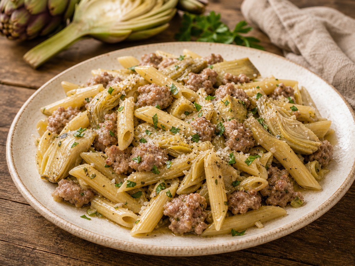 Penne con salsiccia e carciofi
